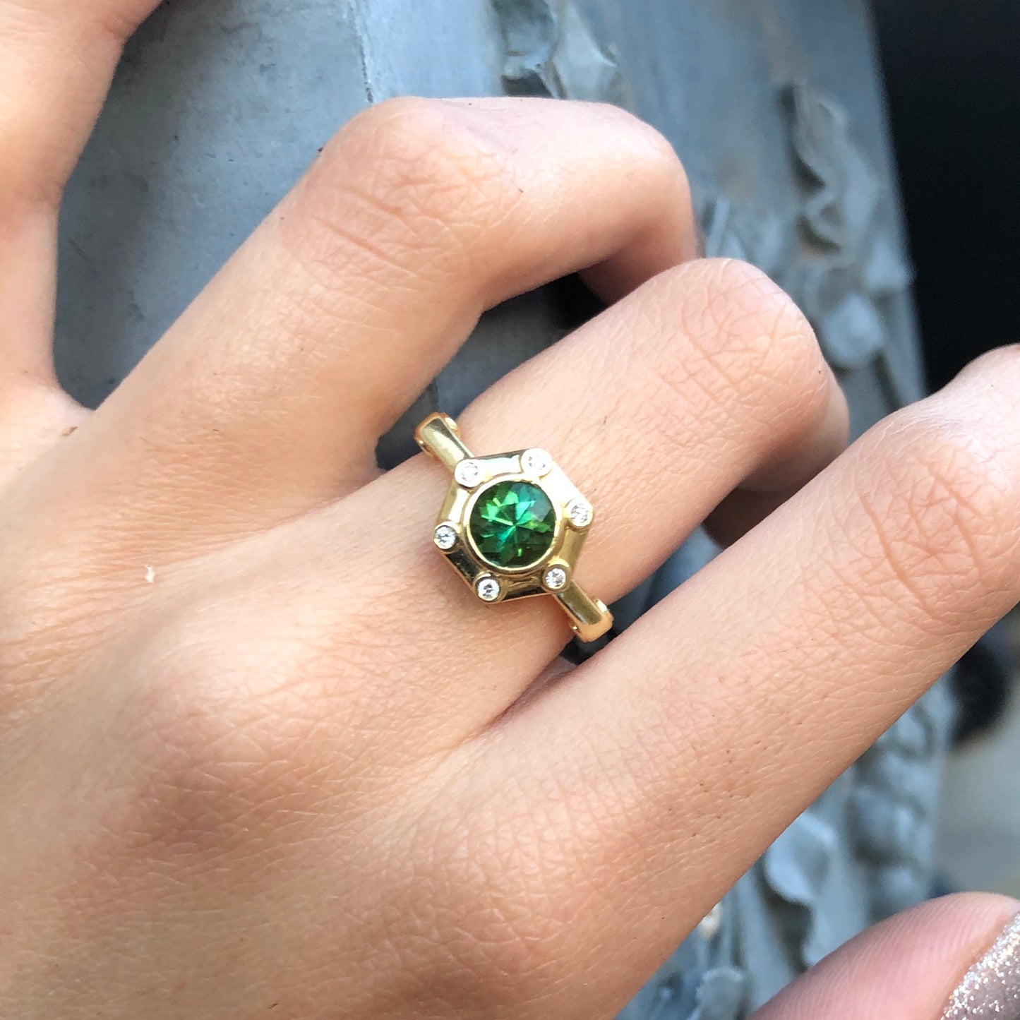 Hexy Ring in Yellow Gold and Green Tourmaline