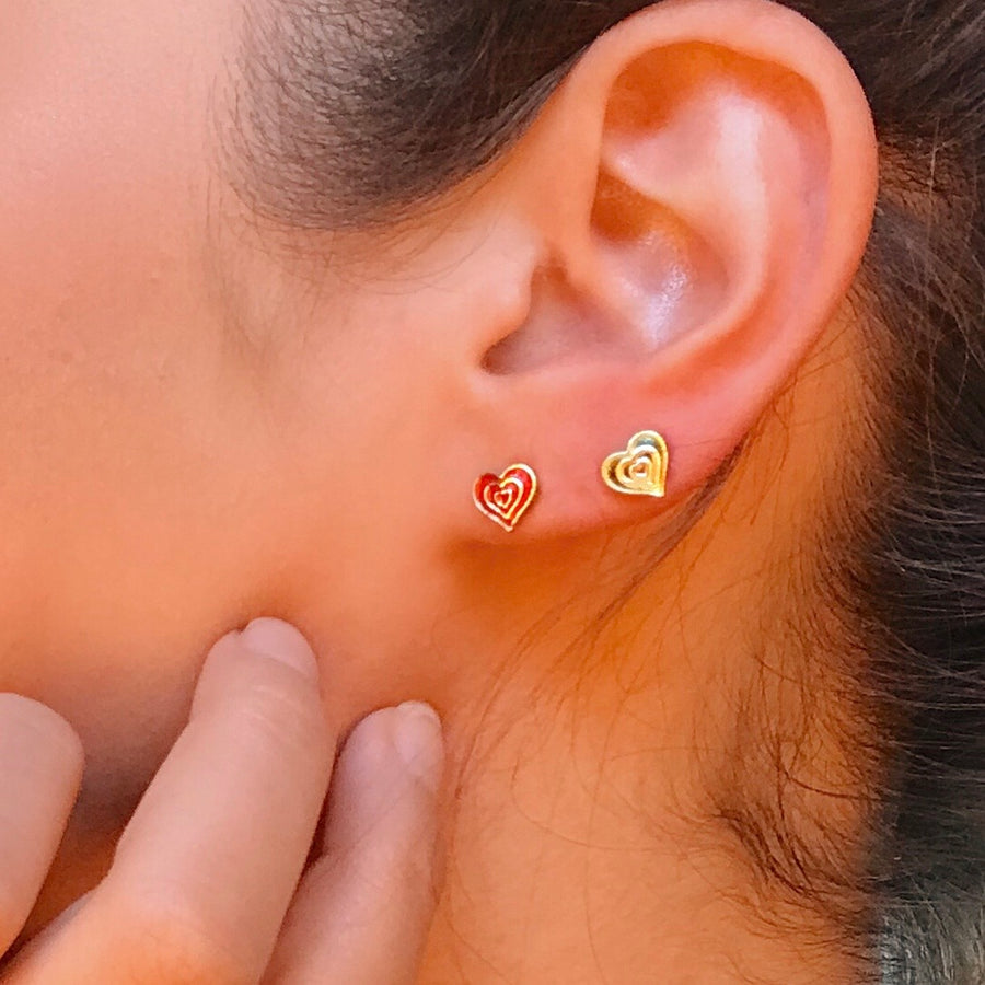 Sarah's Heart Stud Earrings in Yellow Gold and Red Enamel