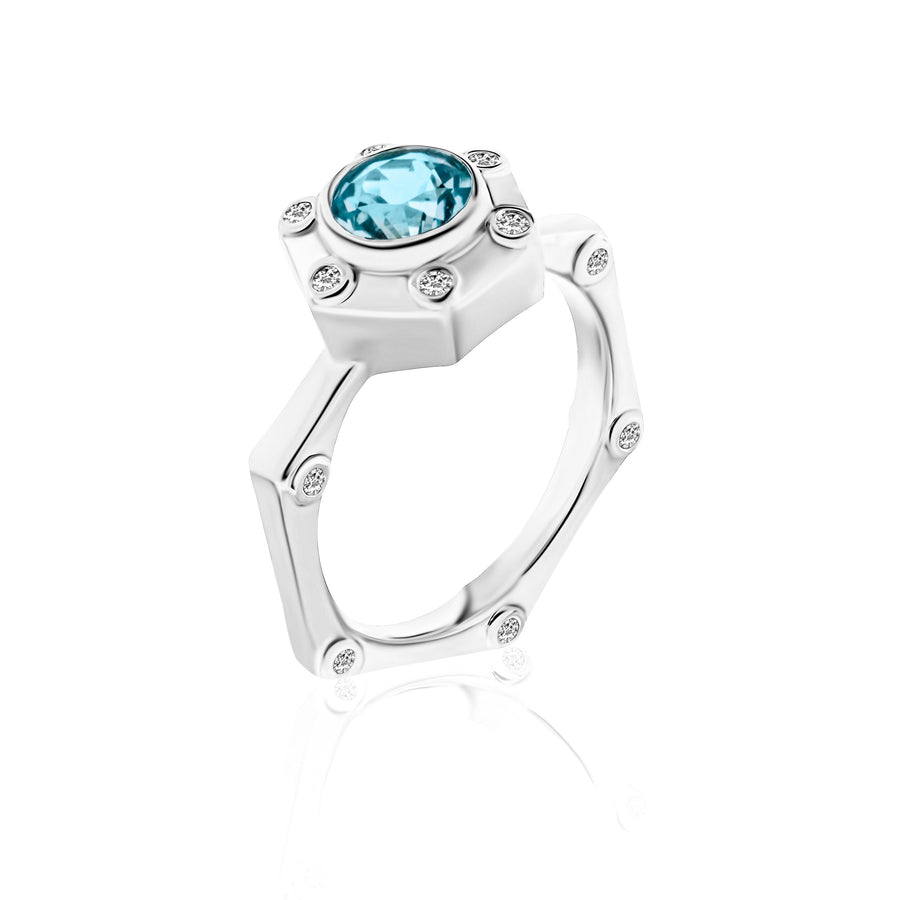 Hexy Ring in White Gold and Aquamarine
