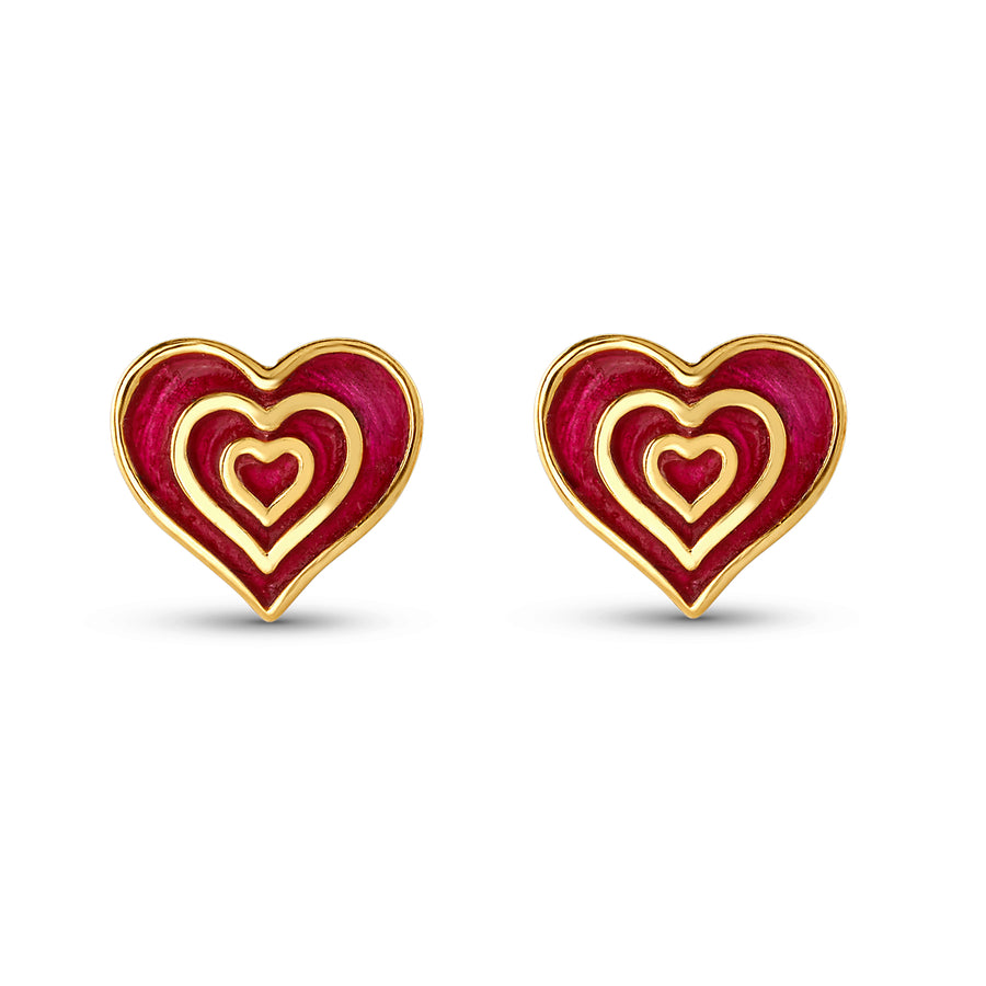 Sarah's Heart Stud Earrings in Yellow Gold and Red Enamel